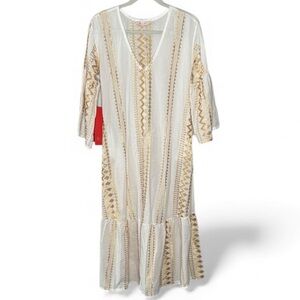 Aether Concept White Gold Embroidered Maxi Dress Geometric Tribal Greek Metallic